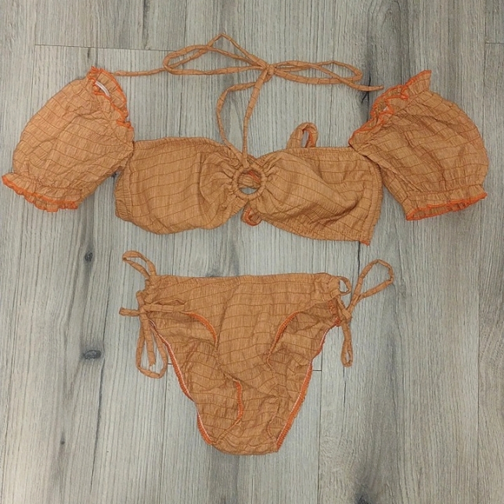 Ribbed style sleeves bikini with bottom cover orange brick color